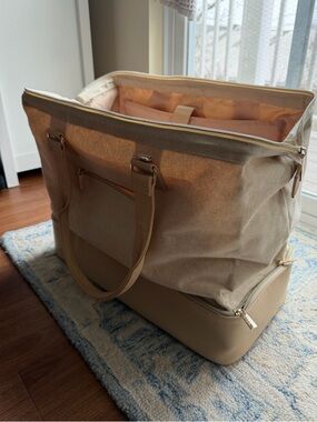 Large Beige Canvas Weekender Travel Tote Bag with Bottom Compartment